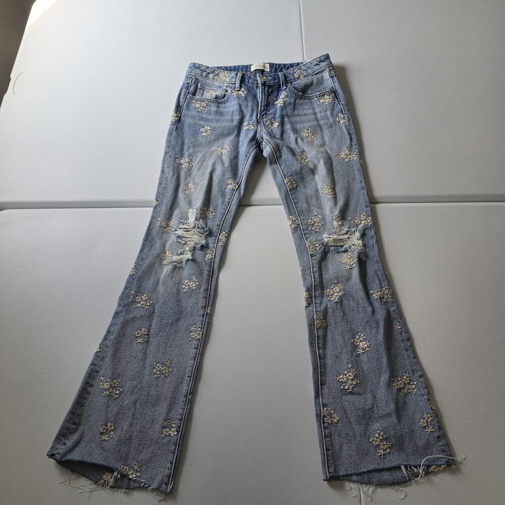 Driftwood Jeans Womens 24 Light Wash Mid Rise Flare Embroidered Distressed